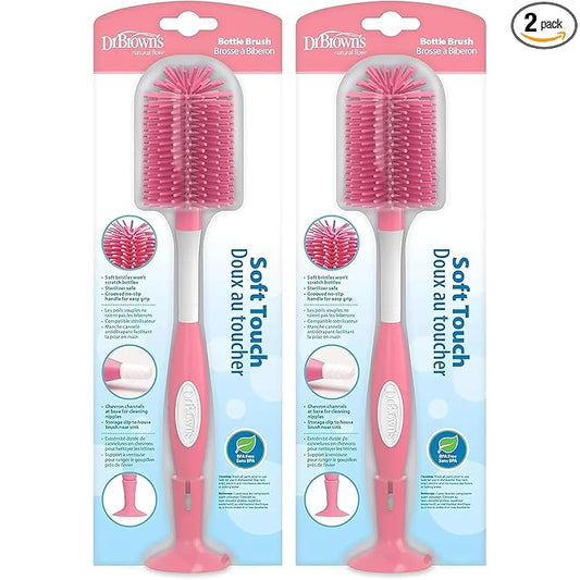 Dr. Brown's Soft Touch No Scratch Baby Bottle Cleaning Brush Nipple Cleaner with Stand and Storage Clip, BPA Free, Pink (Pack of 2)