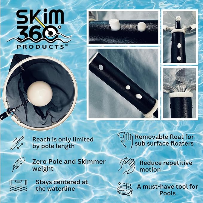 16" Pool Skimmer Net with Float Assist - Zero Pole & Skimmer Weight, 360° Movement in Any Direction, Strong Daily use Nylon net, Fast & Effortless Debris Removal for All Pools, Ponds & spas