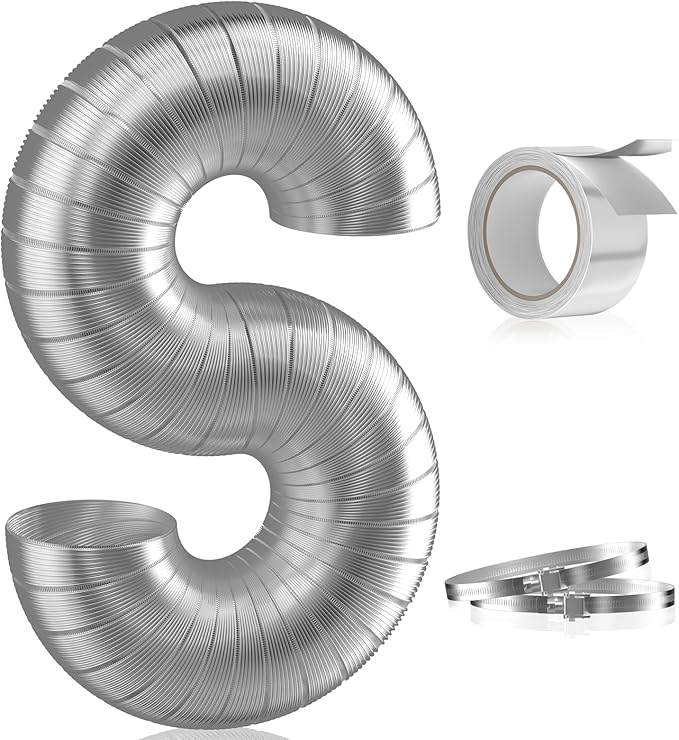 Hon&Guan 4-Inch Semi Rigid Dryer Vent Hose, 5 Feet Flexible Aluminum Duct with 2 Clamps and Aluminum Foil Tape