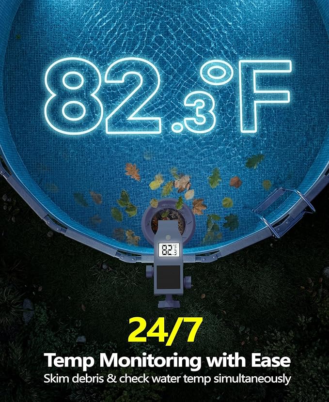 DeeprClean Newly Above Ground Pool Skimmer with Solar Digital Thermometer, Wall Mount Surface Skimmer with Adjustable Height Bracket, Auto Skimming for Pool Surface Floating Leaves & Debris-Lavender