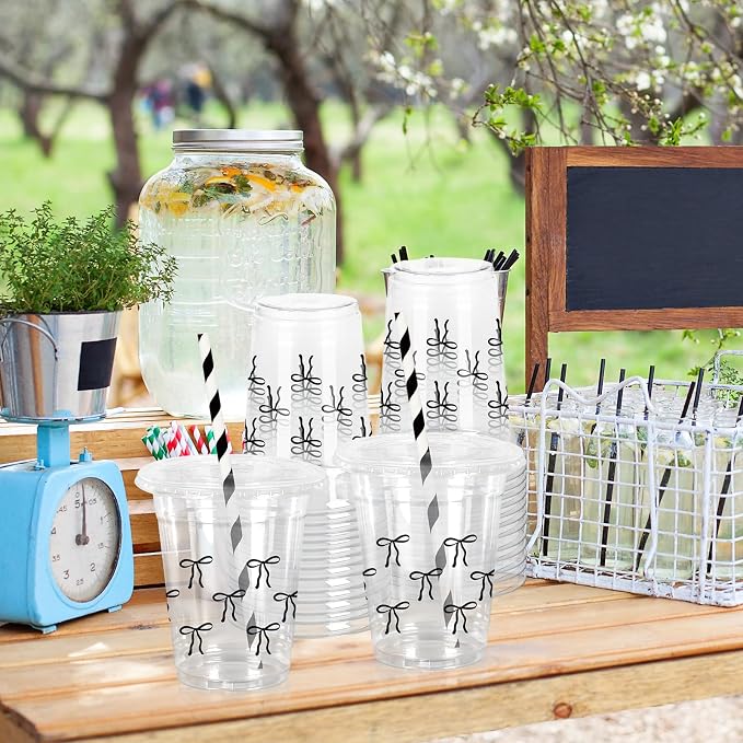 FYSUIMU 50Pcs 12Oz Black Bow Plastic Cups with Lids & Straws Cute Bowknot Clear Disposable Cups for Coquette Birthday Baby Shower Party Supplies