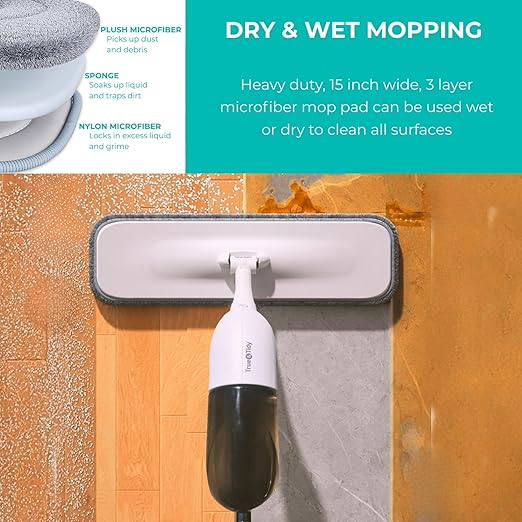 True & Tidy® White Clean Everywhere Spray Mop Kit with Three Interchangeable Heads and Refillable Tank- Includes Head, Round, and Window Squeegee Attachments with StickyPro XL Lint Roller