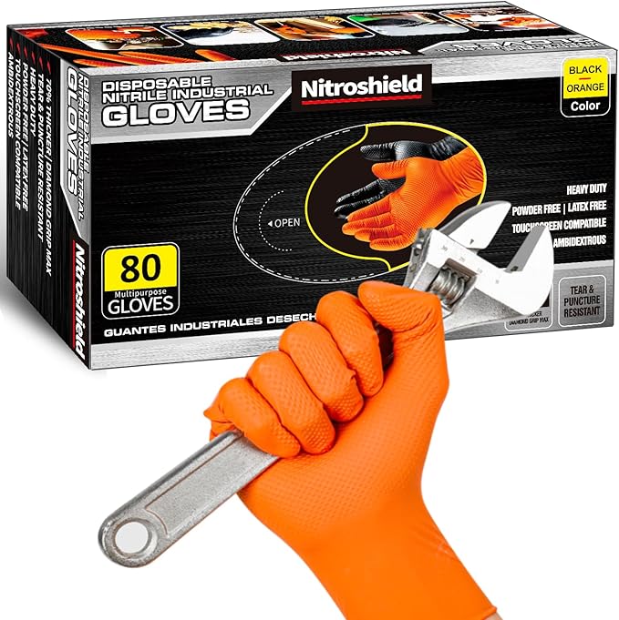 wcy 9 Mil Heavy Duty Orange Nitrile Gloves,Raised Diamond Texture Grip,Industrial Mechanic Rubber Gloves Disposable Latex Free Chemical Resistant Guantes for Work,Cooking,Food Safe - XLarge,80Count
