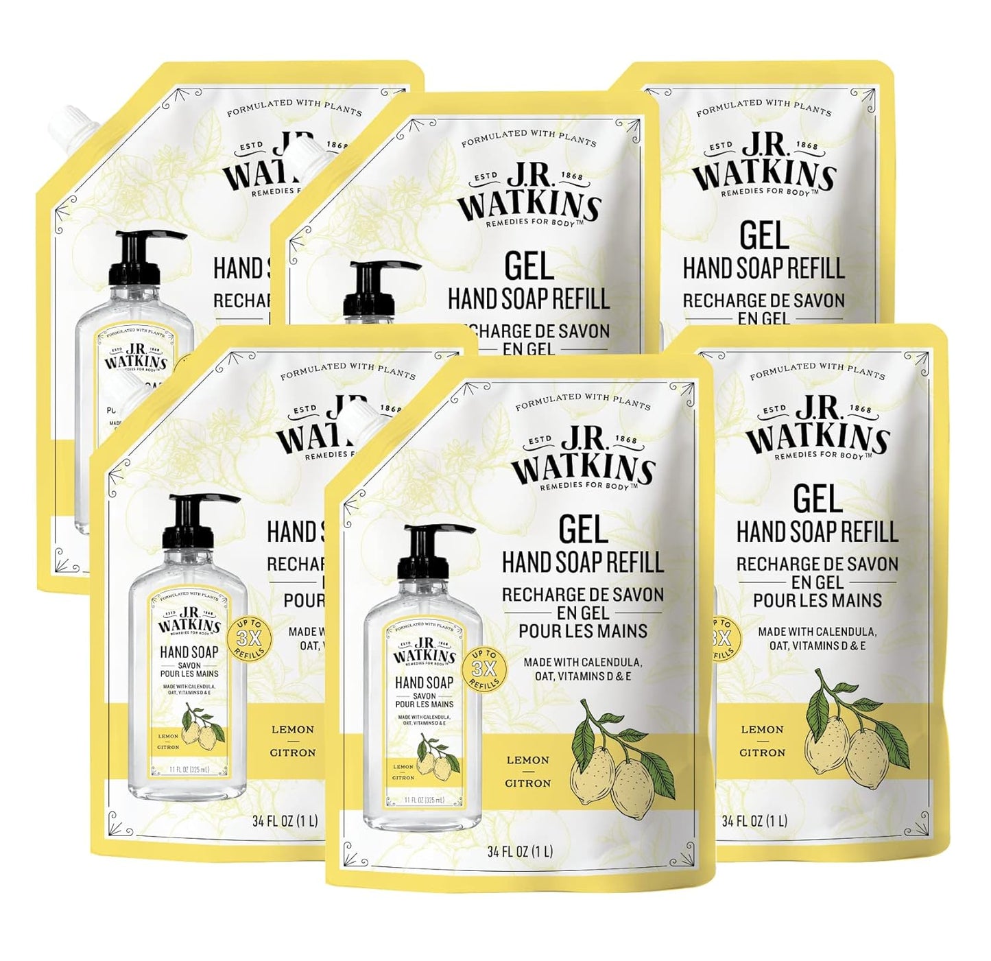J.R. Watkins Gel Hand Soap Refill Pouch, Scented Liquid Hand Wash for Bathroom or Kitchen, USA Made and Cruelty Free, 34 fl oz, Lemon, 6 Pack