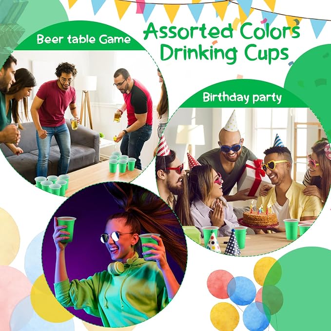 Sabary 100 Pack 12oz Plastic Cups Green Graduation Heavy Duty Drinking Disposable Cups with Lines for Beverage Holiday Camping Barbecues Birthday Party Summer Outdoor Picnic(Green and White)