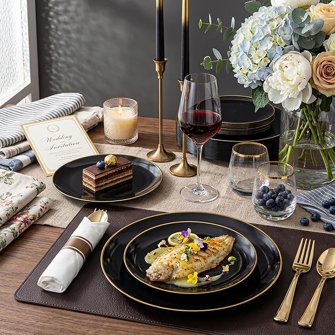 KIRE 350 PCS Plastic Dinnerware Set for 50 Guests - Black and Gold Plates 50 for Dinner 50 for Dessert & 50 Pre Rolled Napkins with Disposable Silverware 50 Cups for Graduation/Wedding/Father's Day
