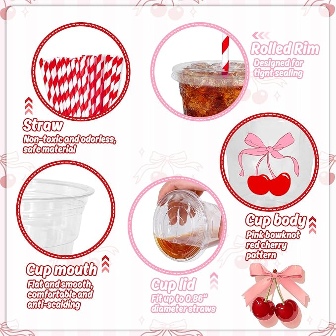 Whaline 50Pcs Cherry Bow Disposable Plastic Cups with Lids and Straws 12Oz Red Pink Cherry Bowknot Cold Beverage Drinking Cups for Wedding Birthday Baby Shower Party Supplies