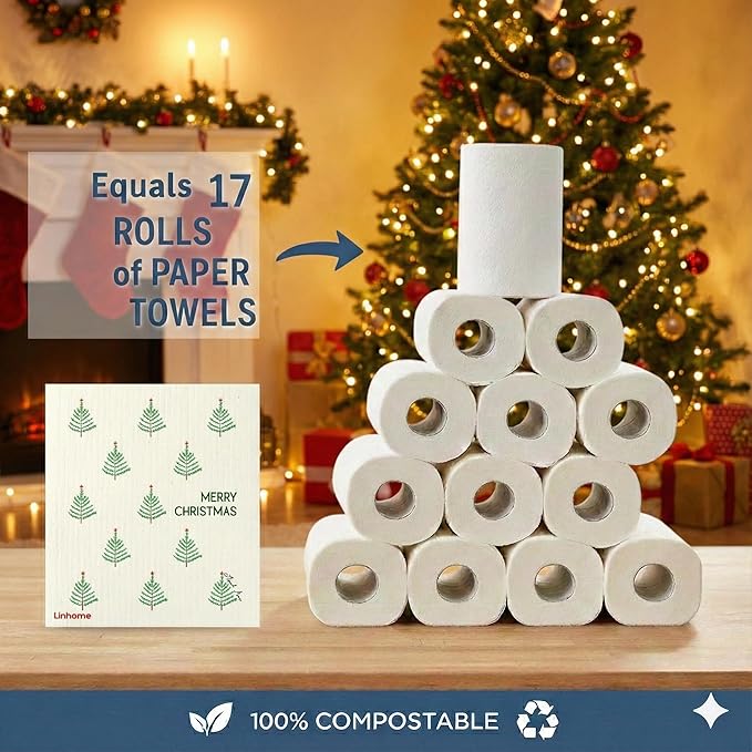 Christmas Holiday Swedish Dishcloth, Reusable Paper Towel, Super Absorbent Cellulose Sponge, Washable Kitchen Cleaning Cloth (Winter Evergreens - 1 Pack)