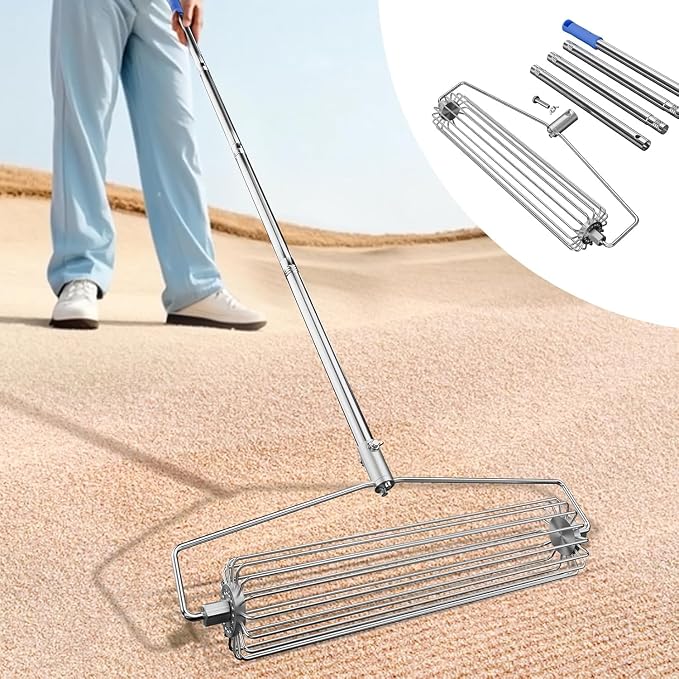 Golf Sand Leveling Rake, Bunker Rake for High Jump Long Jump Track and Field Sandy Golf Course, Roller Design Golf Sand Trap Bunker Simulator