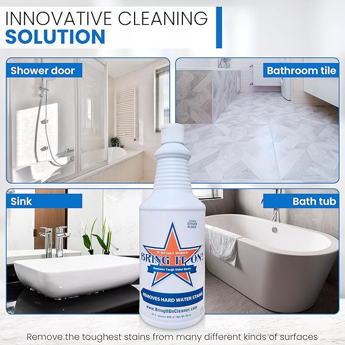 BRING IT ON! CLEANER Hard Water Stain Remover 32 Ounce 2 Pack, Shower Door Cleaner, Clean Tile and Grout, Windows, Fiberglass, Tubs, Chrome