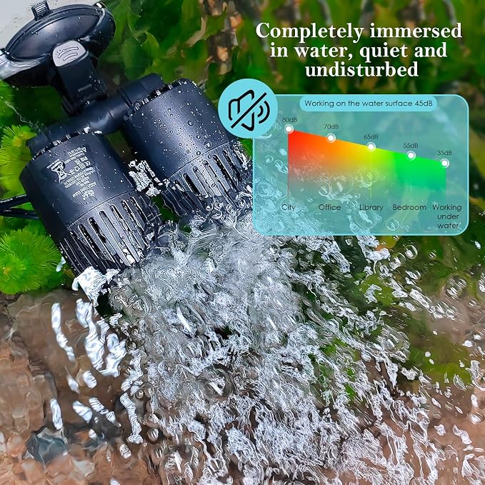 AQQA Dual Head Aquarium Wave Maker, 360° Adjustable Suction Cup Circulation Pump, Quiet Fish Tank Wavemaker, Strong Water Flow Oxygenation Pump for Saltwater Reef & Freshwater, 25W 6605GPH Black