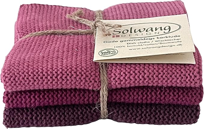 Solwang 3-Piece Danish Cotton Dishcloths in 100% Certified Organic Cotton Made in India (Nordic Berry Organic Combi)