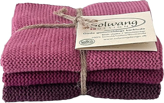Solwang 3-Piece Danish Cotton Dishcloths in 100% Certified Organic Cotton Made in India (Nordic Berry Organic Combi)