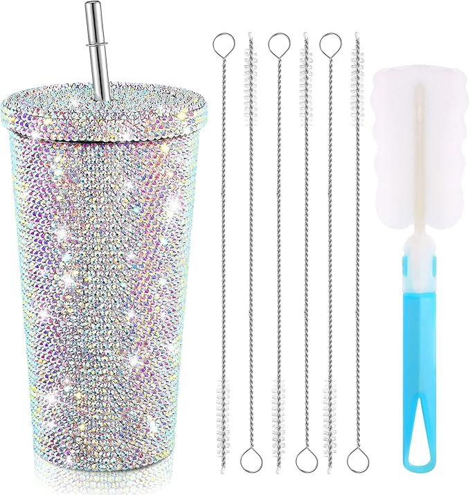 Mimorou Studded Bling Diamond Tumbler Glitter Water Bottle with Lid Stainless Steel Vacuum Thermal Straw Rhinestone Tumbler with 1 Pcs Cup Brush 6 Pcs Straw Brushes for Women(16.9 oz,AB Color)