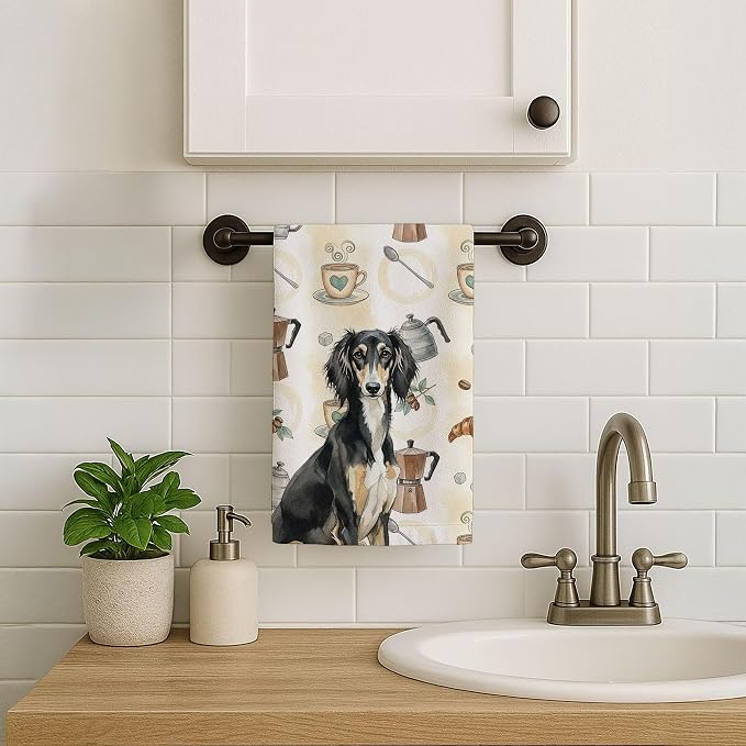 Caroline's Treasures Black and Tan Saluki Coffee Bar Kitchen Towel Velour Plush Front and Cotton Loop Back Machine Washable