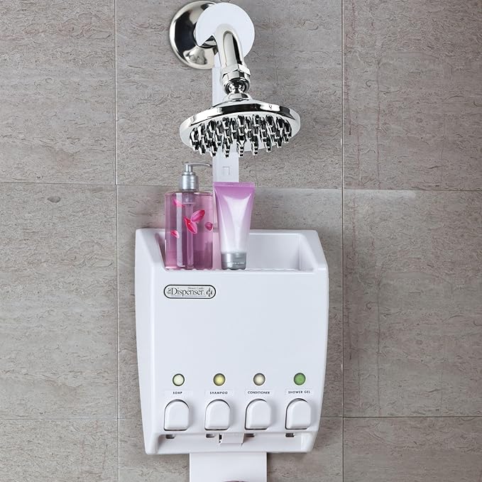 Better Living Ulti-Mate Shower Dispenser Caddy 4, Wall Mount Shower Soap Dispenser for Bathroom, Shelf, Built-in Hooks & Soap Dish, No Drill, Shampoo and Soap Dispenser, 4 x 14.5 oz, White