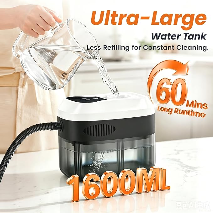 Handheld Steam Cleaner, 6-Level Adjustable Handle, 15s Heat-Up, 1800W High-Pressure Steamer for Cleaning with 1.6L Large Tank, Portable Steam Cleaner for Home, Car, Grout, Couch, Floor (White)