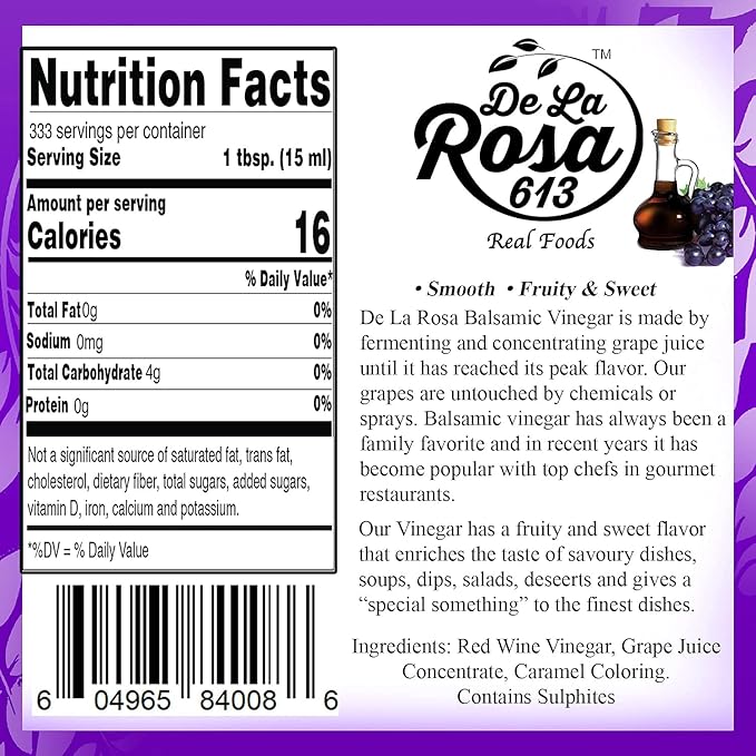 De La Rosa Dark Balsamic Vinegar, Vegan, Kosher & Gluten Free, Great for Salad Dressings, Marinades & More, Spanish Balsamic Vinegar 5 Liter (Pack of 1)