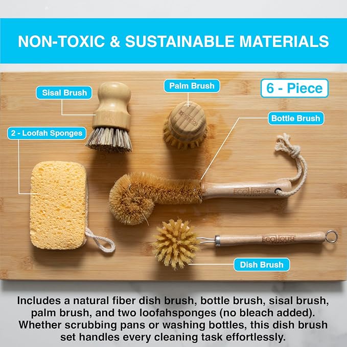 ECOHOUSE SUPPLY™ Bamboo Dish Brush Set – 6-Piece Natural Fiber Kitchen Brush Set with Loofah Sponges (No Bleach), Sisal & Palm Scrubbers – Non-Toxic, Eco-Friendly, Plastic-Free Dish Cleaning Brushes.