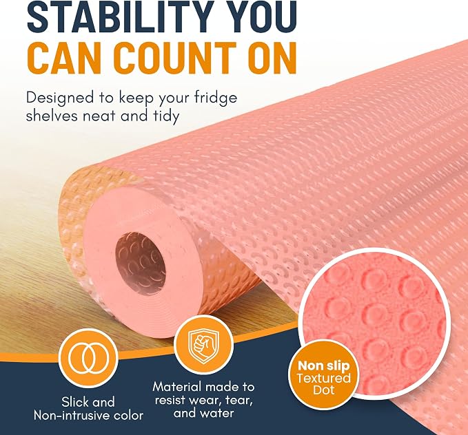Refrigerator Liners for Shelves by Linda’s Essentials - Easy to Clean Fridge Liner with Spill Protection Fridge Shelf Liners & Drawer Liner, Nonslip BPA-Free Refrigerator Mats (Pink Roll)