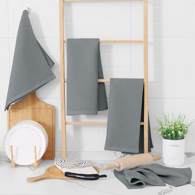Homaxy 100% Cotton Waffle Weave Kitchen Dish Towels, Ultra Soft Absorbent Quick Drying Cleaning Towel, 13 x 28 Inches, 18-Pack, Grey