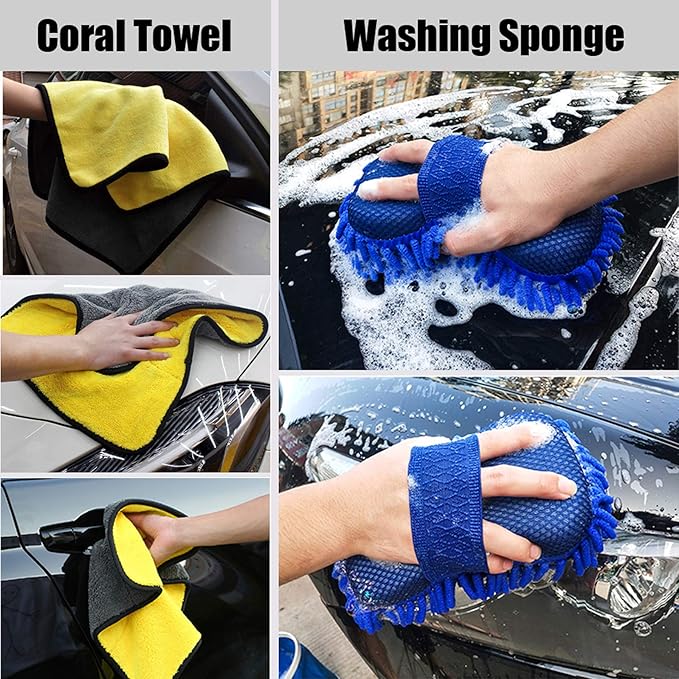 Car Cleaning Tools Kit, Car Wash Tools Kit for Detailing Interiors Premium Microfiber Cleaning Cloth - Car Wash Sponges - Tire Brush - Window Water Blade
