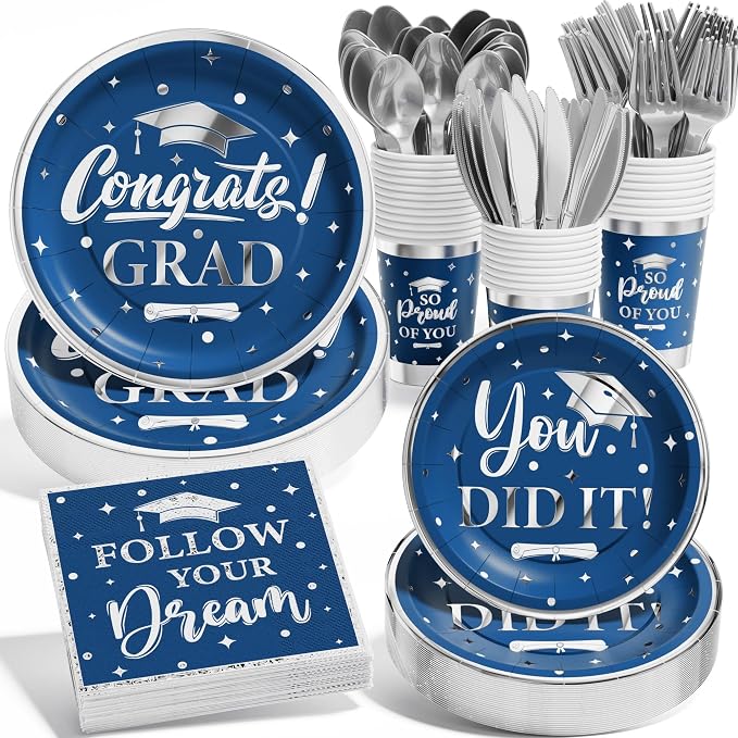 Graduation Decoration Class of 2026, 175PCS Graduation Party Supplies for College High School Disposable Dinnerware(Serve 25) with Paper Plates Cup Napkin Fork Knife Spoon (Navy Blue & Silver)