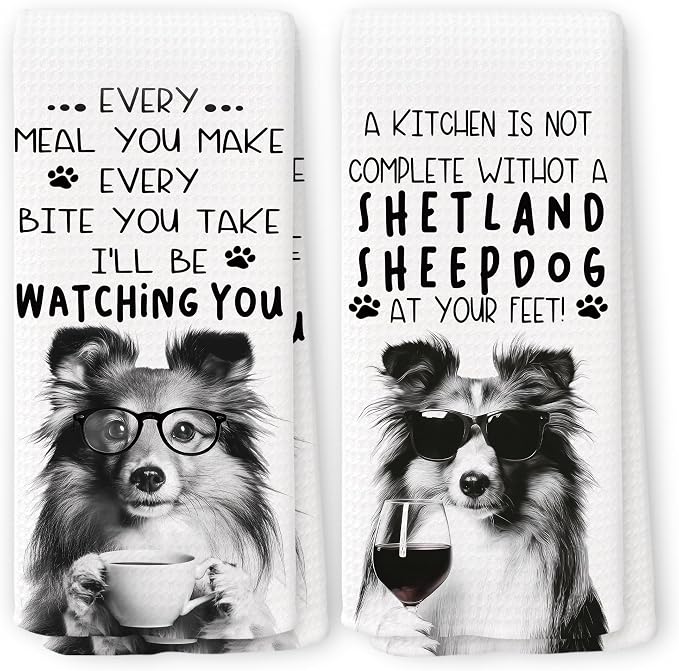 Funny Shetland Sheepdog Dog Kitchen Towels 16x24 Inch Set of 2 | Shetland Sheepdog Lovers Gifts for Women Men Dish Tea Towels for Kitchen, Dog Lover Mom Dad Owner Gifts Decorative Hand Towel