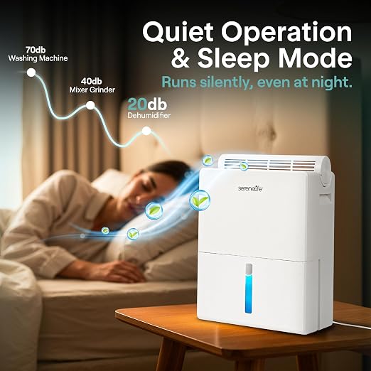 SereneLife Dehumidifiers for Home, 91 Oz Quiet Dehumidifier for Bedroom, Bathroom, Basement with Removable Cylinder For Closet, Timer, Sleep Mode & Smart Humidity Control, Covers 1500 Sq. Ft, White