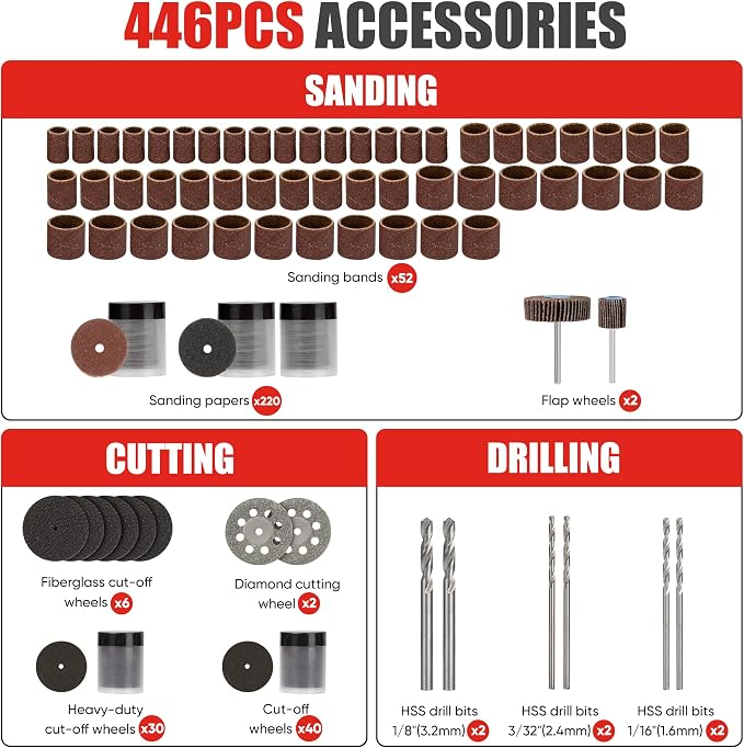 4V Cordless Mini Rotary Tool Kit with 446PCS Accessories, 5-Speed Memory Function, 2000mAh Battery, Type-C Fast Charging & LED Light, for Sanding, Engraving, Grinding, Portable Storage Case