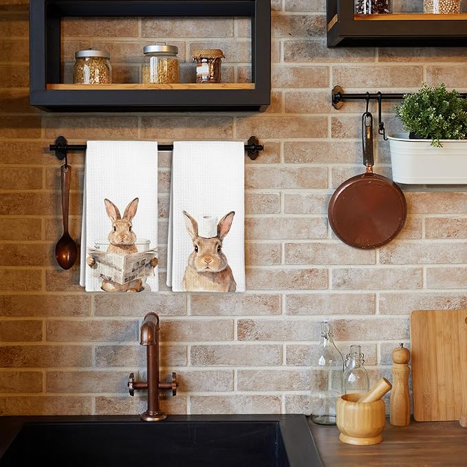 Funny Rabbit Bunny Hand Towels for Bathroom Kitchen Nursery Decor, Rabbit Gifts for Rabbits Lovers, Farmhouse Bunny Decorative Hand Towels Set of 2, Rustic Farm Animals Dish Tea Towels, 16x24