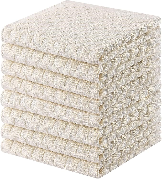 Homaxy 100% Cotton Terry Kitchen Dish Cloths, Ultra Soft Absorbent Dish Towels with Hanging Loop, Pineapple Grid Designed, 12 x 12 Inches, 8-Pack, Beige