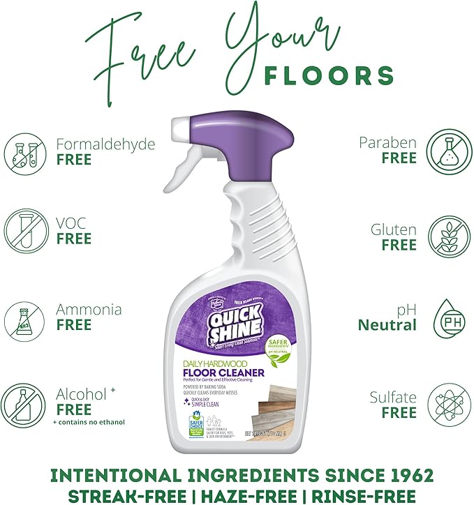 Quick Shine Hardwood Floor Cleaner Daily Care 24oz | Naturally Cleans Dirt & Scuff Marks | Dirt Dissolving, Streak Free, No Rinse & Ready to Use | Spray, Wipe, Done! | Safer Choice Cleaner
