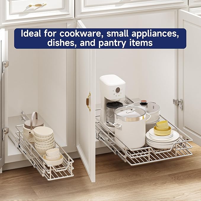 Pull Out Cabinet Organizer, 13.5" W x 21.5" D, Heavy Duty Chrome Slide Out Shelf for Base Cabinets, Sliding Wire Basket Drawer for Pantry Items, Bowls, Containers & Cleaning Supplies