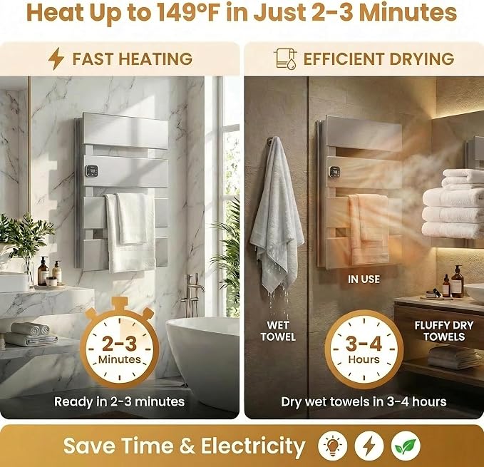 L Series Electric Towel Warmer for Bathroom, 4 Panel, Silver | Thermo Control and Timer, Fast Heat in 3 Mins, Dry Towels in 4 hrs, Memory Function, Work with Smart Plug, Left-Wiring