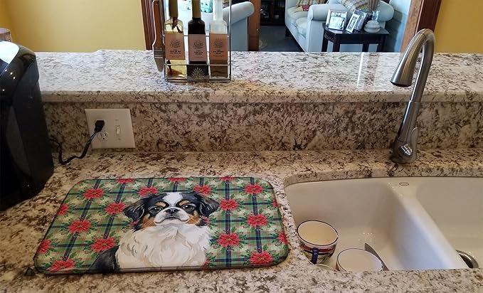 Caroline's Treasures Tricolor Japanese Chin Christmas PoinsettIas Dish Drying Mat Absorbent Dish Drying Mat Pad for Kitchen Counter Dish Drainer Mat for Countertop, 14 x 21", Multicolor