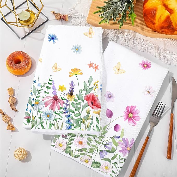 JarThenaAMCS 6Pcs Spring Summer Floral Kitchen Dish Towels Watercolor Wildflower 18 x 28 Inch Assorted Colorful Flower Hand Drying Tea Towels for Bathroom Farmhouse Baking Cooking Cleaning Wipes