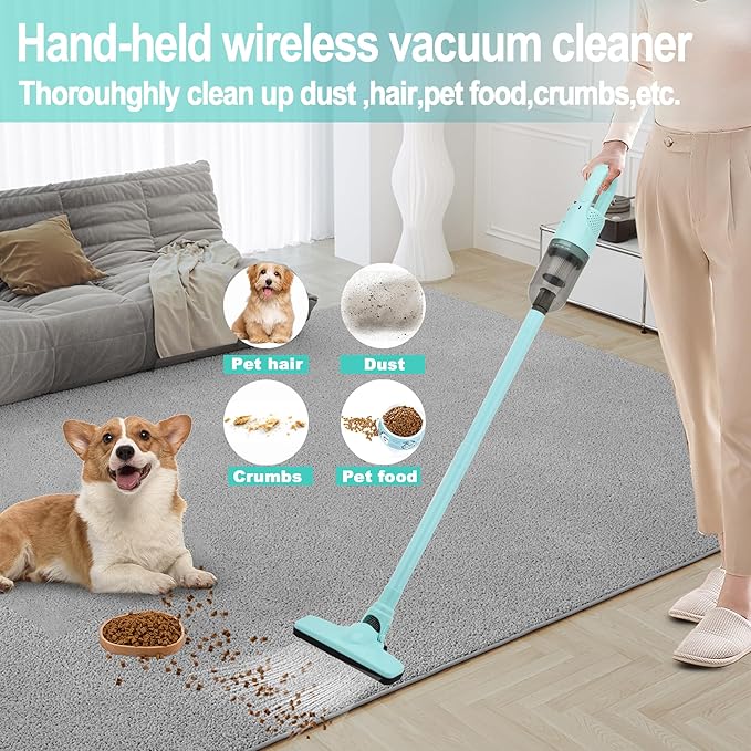 6-in-1 Lightweight Stick Vacuum Cleaner with 100W Powerful Motor, Mini Portable Household Handheld Vacuum Cleaner for Domestic Hard Floors, Carpets and Pet Hair(Green Cordless)