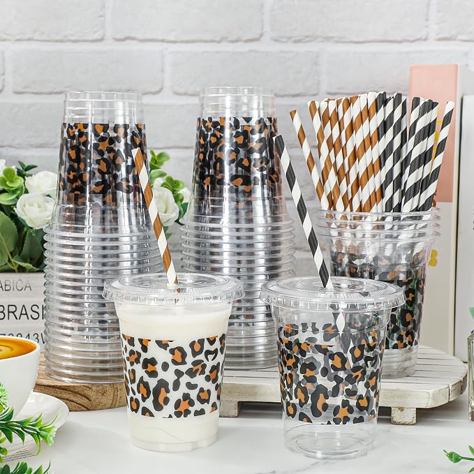 Whaline 50 Pcs Cheetah Plastic Cups with Lids and Straws Leopard Clear Plastic Cups 12 Oz Disposable Cup for Holiday Birthday Party Supplies