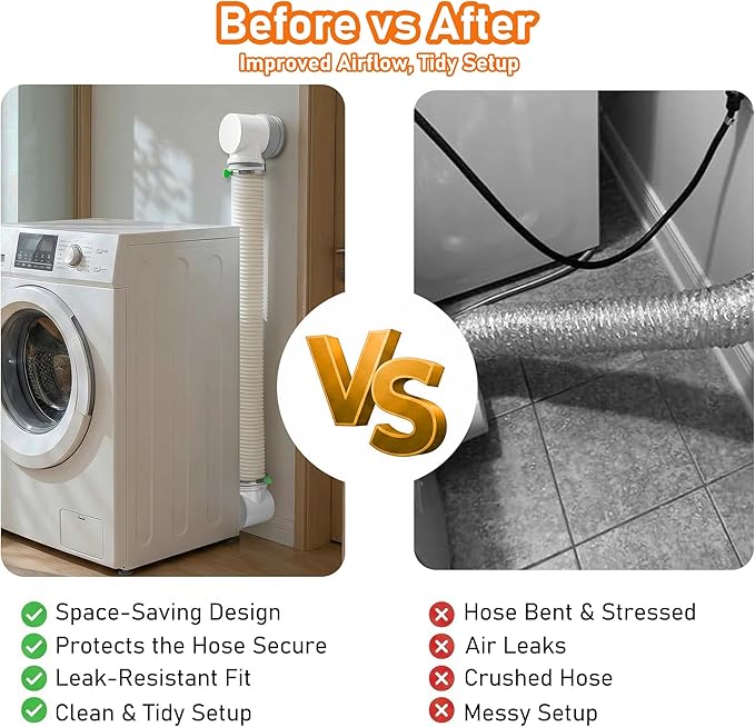 Dryer Vent Hose Connector Kit for Tight Spaces, 90° Elbow-to-Elbow with 4-Inch 6.5FT White PVC Hose, White Connectors, Tool-Free Installation