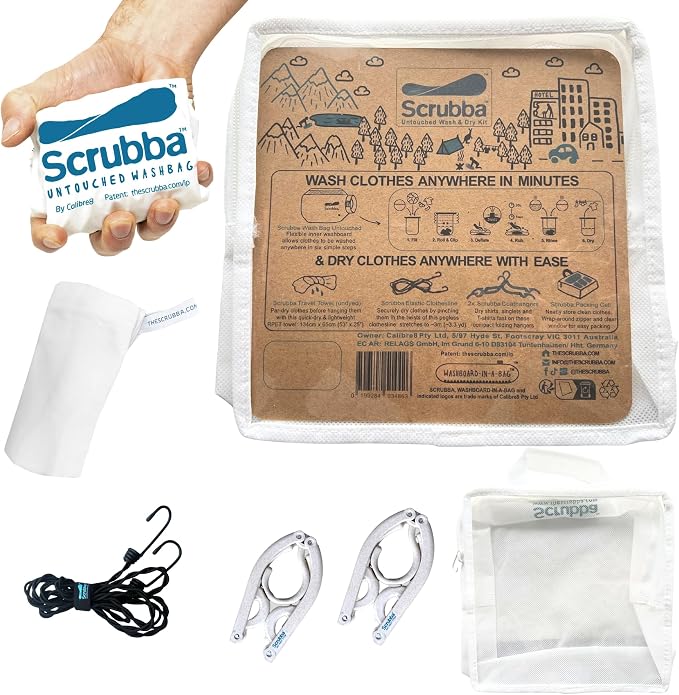 Scrubba UNTOUCHED Wash Bag & Dry Kit - Portable Washing Machine System with XL Towel, Pegless Clothesline & Hangers - Lightweight Eco-Friendly Travel Laundry Kit for Camping, Hiking & RV