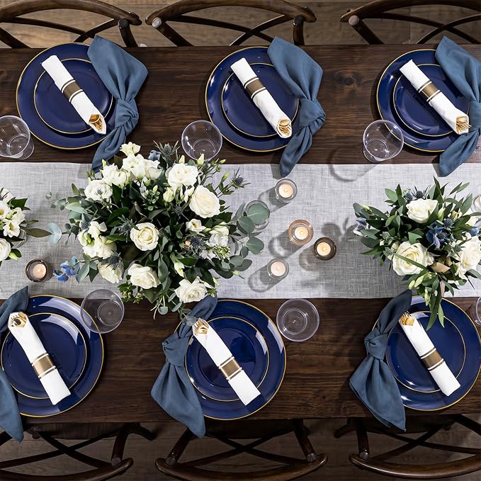 KIRE 350Pcs Blue and Gold Plates -Heavy Duty Navy Blue Dinnerware Set - 100 Plastic Plates 50 Pre Rolled Napkins with Gold Plastic Silverware 50 Cups for Party/4th of July/Wedding