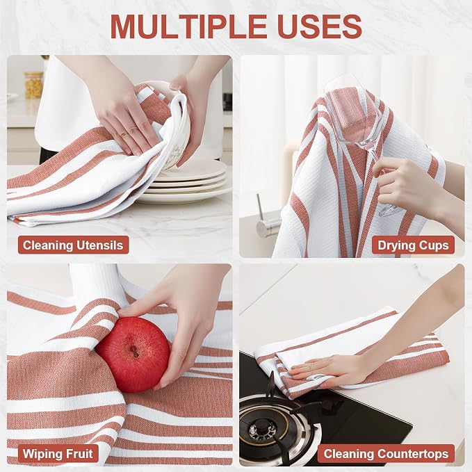Homaxy Premium Kitchen Towels 18”x 28”, Large Cotton 380 GSM Kitchen Hand Towels, Stripe and Terry Dish Towel, Highly Absorbent Tea Towel Set with Hanging Loop, 3 Pack, Rust
