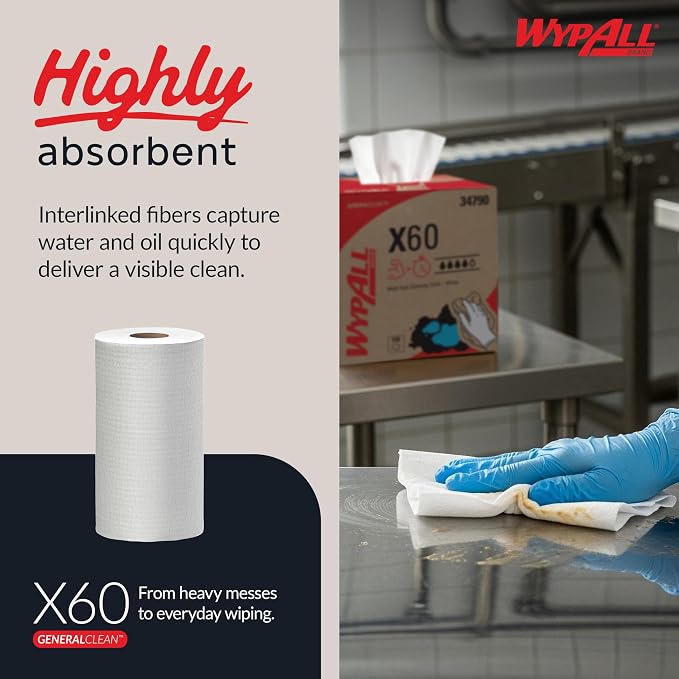 WypAll GeneralClean X60 Cloths Multi-Task Cleaning Wipes (35421), Strong and Absorbent Towels, White (130 Sheets/Roll, 6 Rolls, 780 Sheet Total)