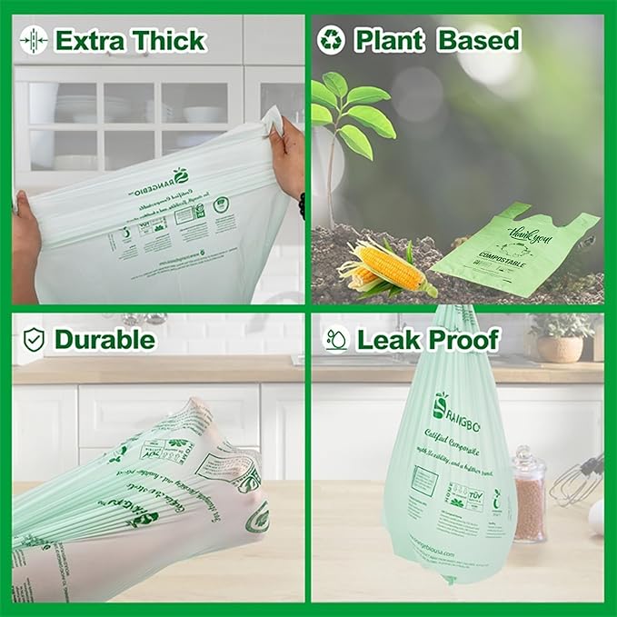(Small) OrangeBio Certified Home Compostable Shopping Bags, 500 ct, Hold 12 lbs, 8" x 5" x 16.5", Thank You/Grocery/Take Out/T Shirt/To-Go Bags for Retail, Grocery Store