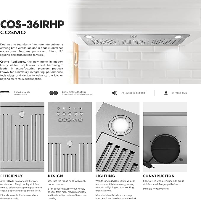 COSMO COS-36IRHP 36 in. Lumin Collection 380 CFM Ducted Insert Range Hood, Button Controls, LED Lights, Stainless Steel