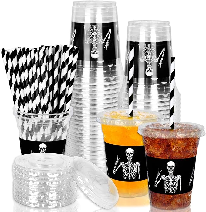 JarThenaAMCS 50Pcs Halloween Disposable Plastic Cups with Lids and Straws 12oz Funny Skeleton Cold Beverage Drinking Cups for Birthday Goth Party Supplies
