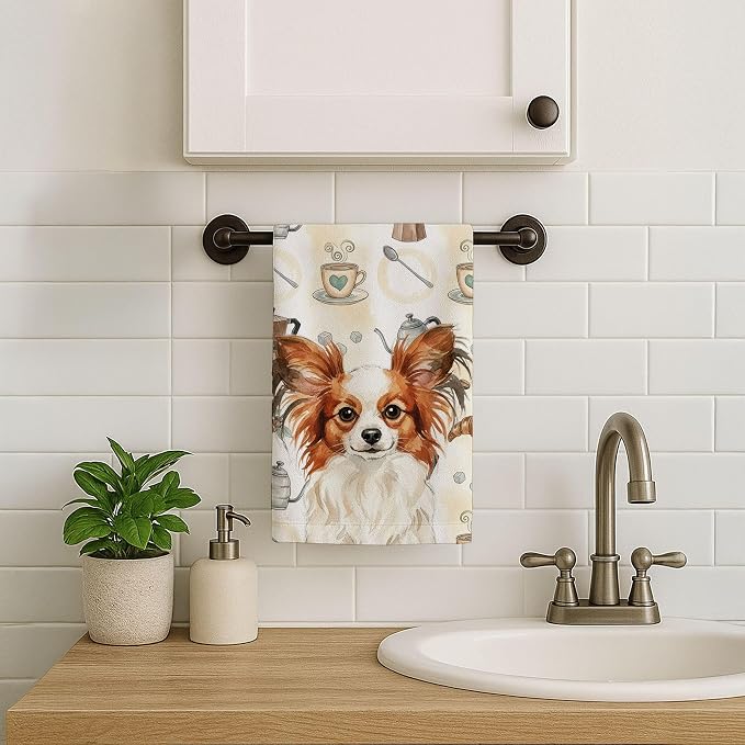 Caroline's Treasures White with Red Papillon Coffee Bar Kitchen Towel Velour Plush Front and Cotton Loop Back Machine Washable
