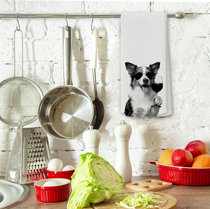 Funny Australian Shepherd Wine Kitchen Towels, Gifts for Dog Wine Lovers, Bar Accessories Dish Tea Towels for Kitchen, Dog Owners Housewarming Gift Decorative Hand Towel 16x24 Inch