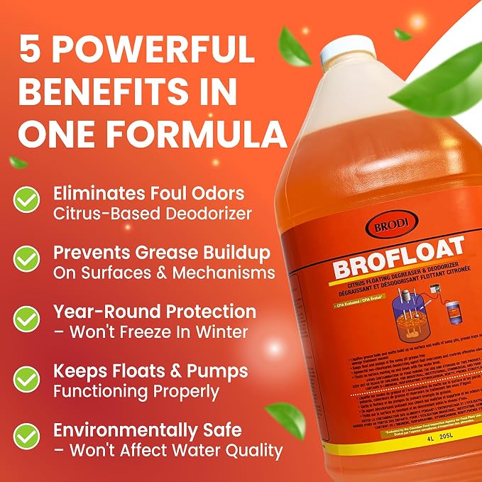 Brodi BroFloat Sump Pit Deodorizer & Degreaser, Industrial-Strength, Floating Protective Layer, Stops Odors & Dissolves Grease, Freeze-Proof, Concrete & Steel Safe, Pack of 2